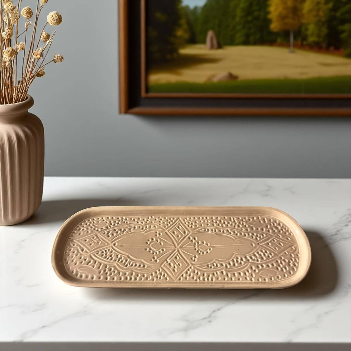 Hand-Engraved Beige Moroccan Platter (40 x 16 cm)
