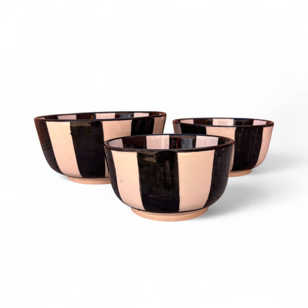 Handpainted Black & White Fes Moroccan Bowls (Set of 3 - 17/20/25 cm Diameter)