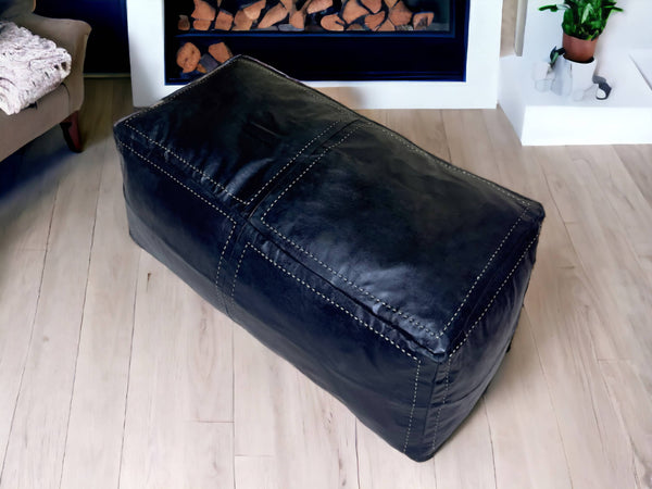 Luxurious Black Leather Rectangular Pouf: Offers Extra Seating for One or Two - handmade by Moroccantastics - leather work, Rectangular pouf