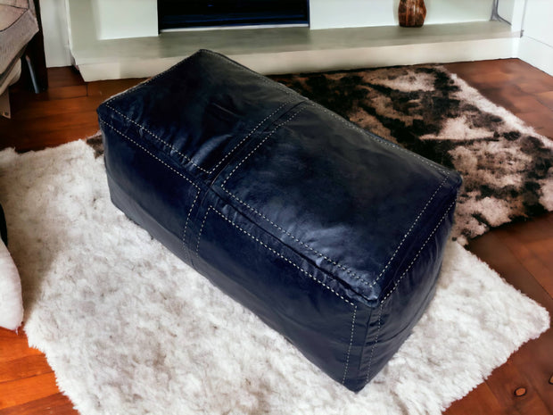 Luxurious Black Leather Rectangular Pouf: Offers Extra Seating for One or Two - handmade by Moroccantastics - leather work, Rectangular pouf