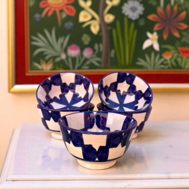 Handpainted Blue & White Fes Moroccan Bowls (Set of 5 - 10 cm Diameter)