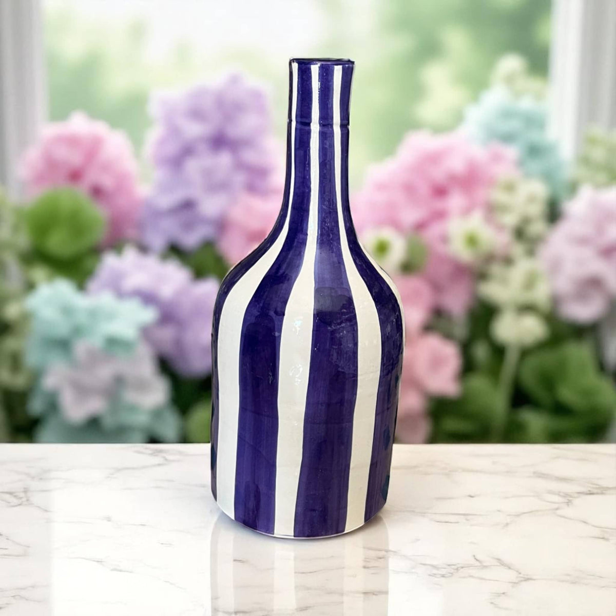 Handcrafted Dark Blue & White Striped Vase (24 cm)