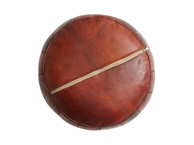 Enchant Your Living Space with Our Handcrafted Moroccan Round Brown Leather Ottoman Pouf - handmade by Moroccantastics - leather work, round pouf