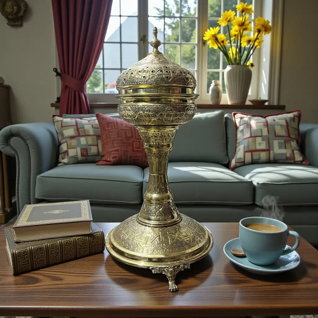 Handmade Moroccan brass incense burner with hand engraved details displayed in a modern living room