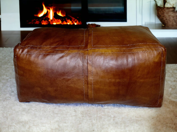 Embrace Moroccan Elegance with Our Exquisite Tobacco Two-Place Rectangular Leather Pouf - handmade by Moroccantastics - leather work, Rectangular pouf