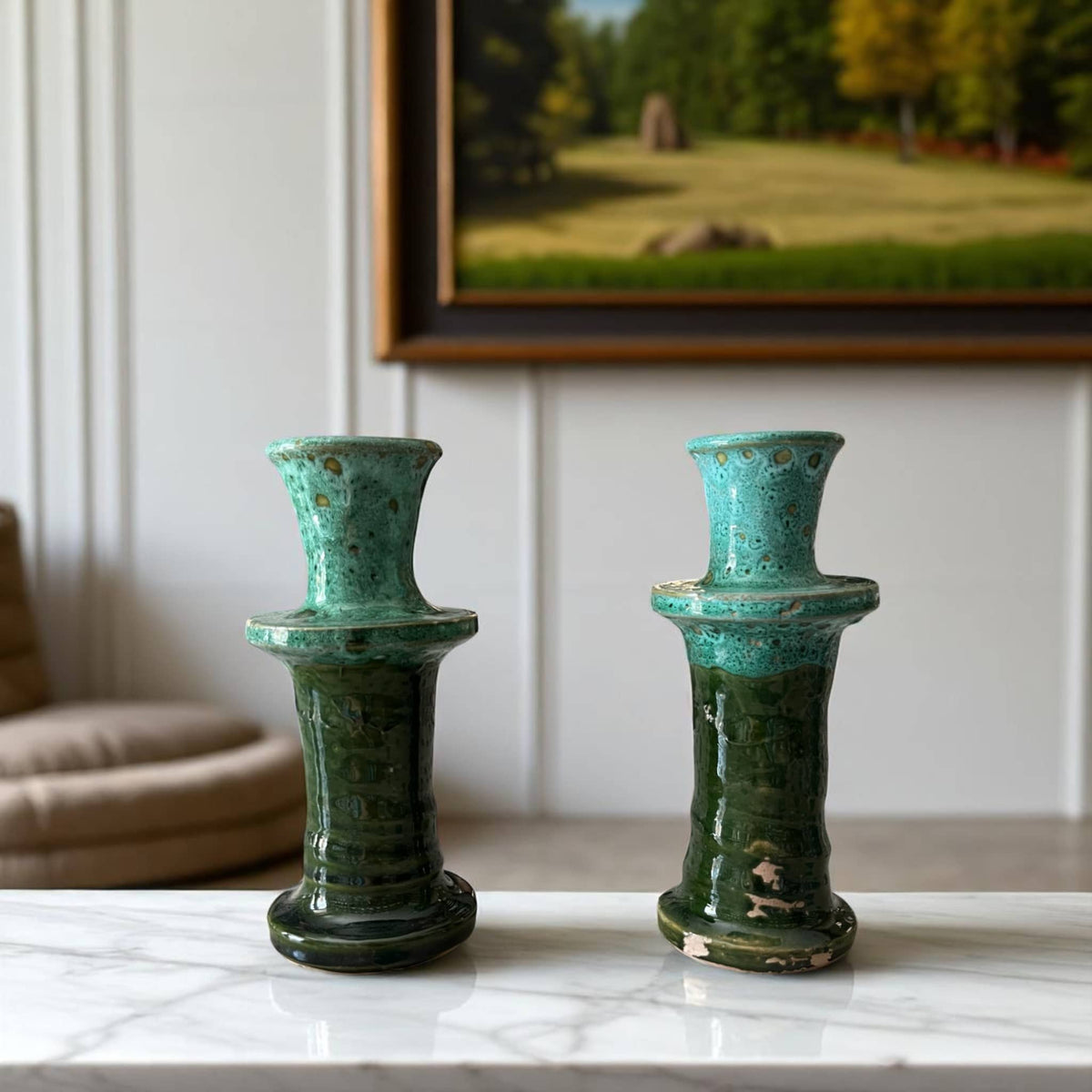  handmade and glazed multi-toned green candle holder 