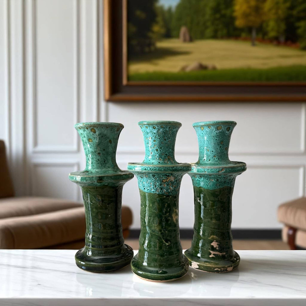  handmade and glazed multi-toned green candle holder 