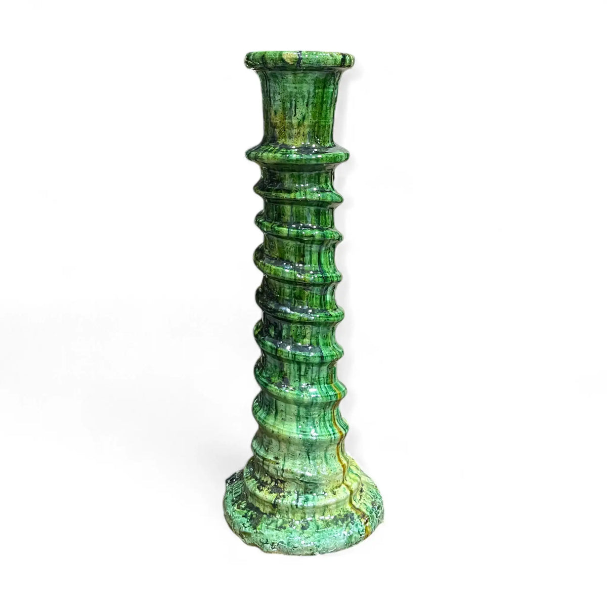 Handmade green Tamegroute ceramic candlestick with ribbed design, Moroccan pottery
