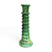 Handmade green Tamegroute ceramic candlestick with ribbed design, Moroccan pottery