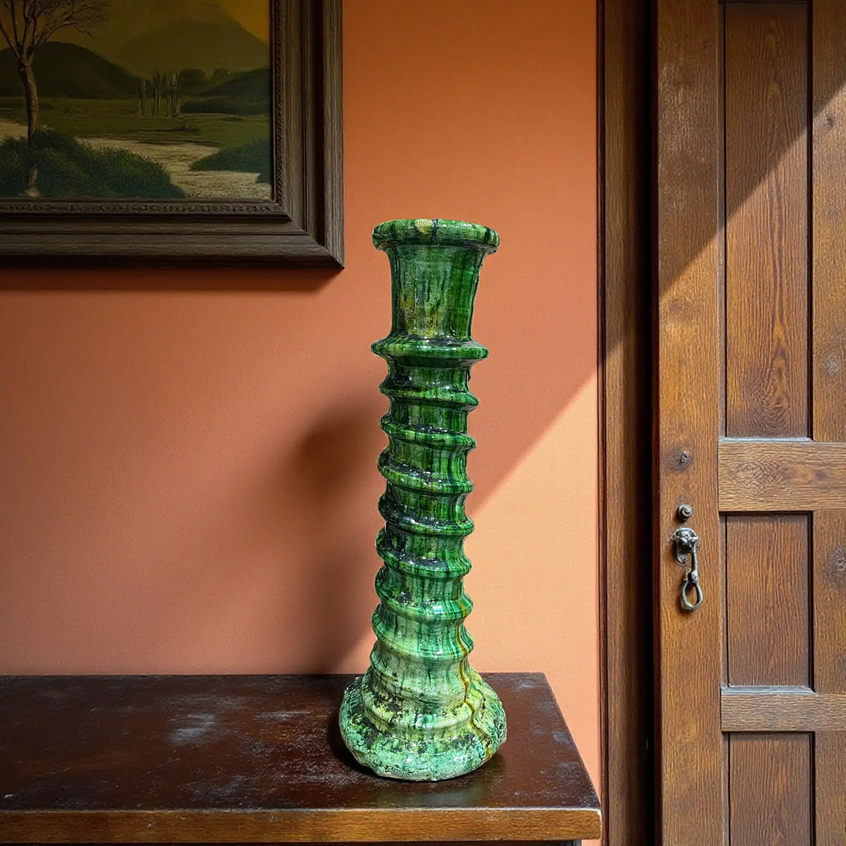 Handmade green Tamegroute ceramic candlestick with ribbed design, Moroccan pottery