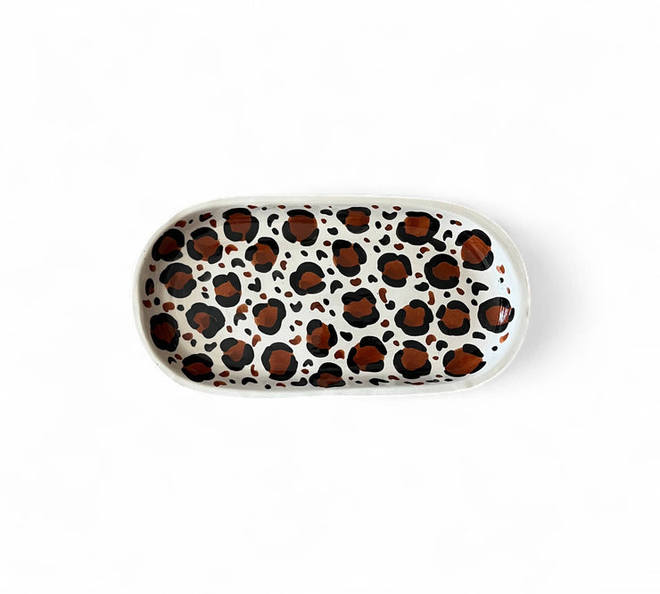 Rectangular tray with leopard print pattern on a white background