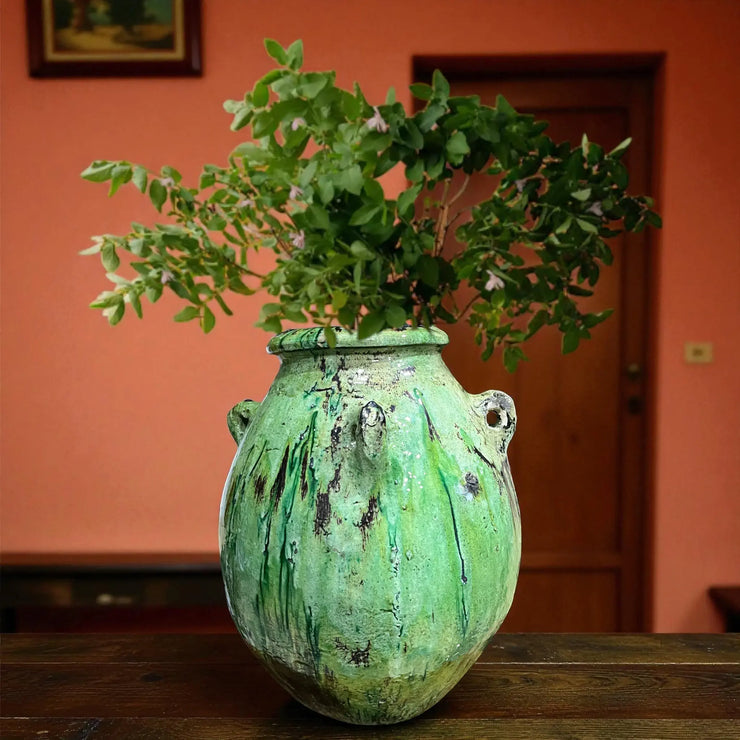Handmade green Tamegroute vase with side handles and rustic glaze, Moroccan pottery