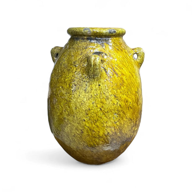Handmade yellow Tamegroute vase with side handles and rustic glaze, Moroccan pottery