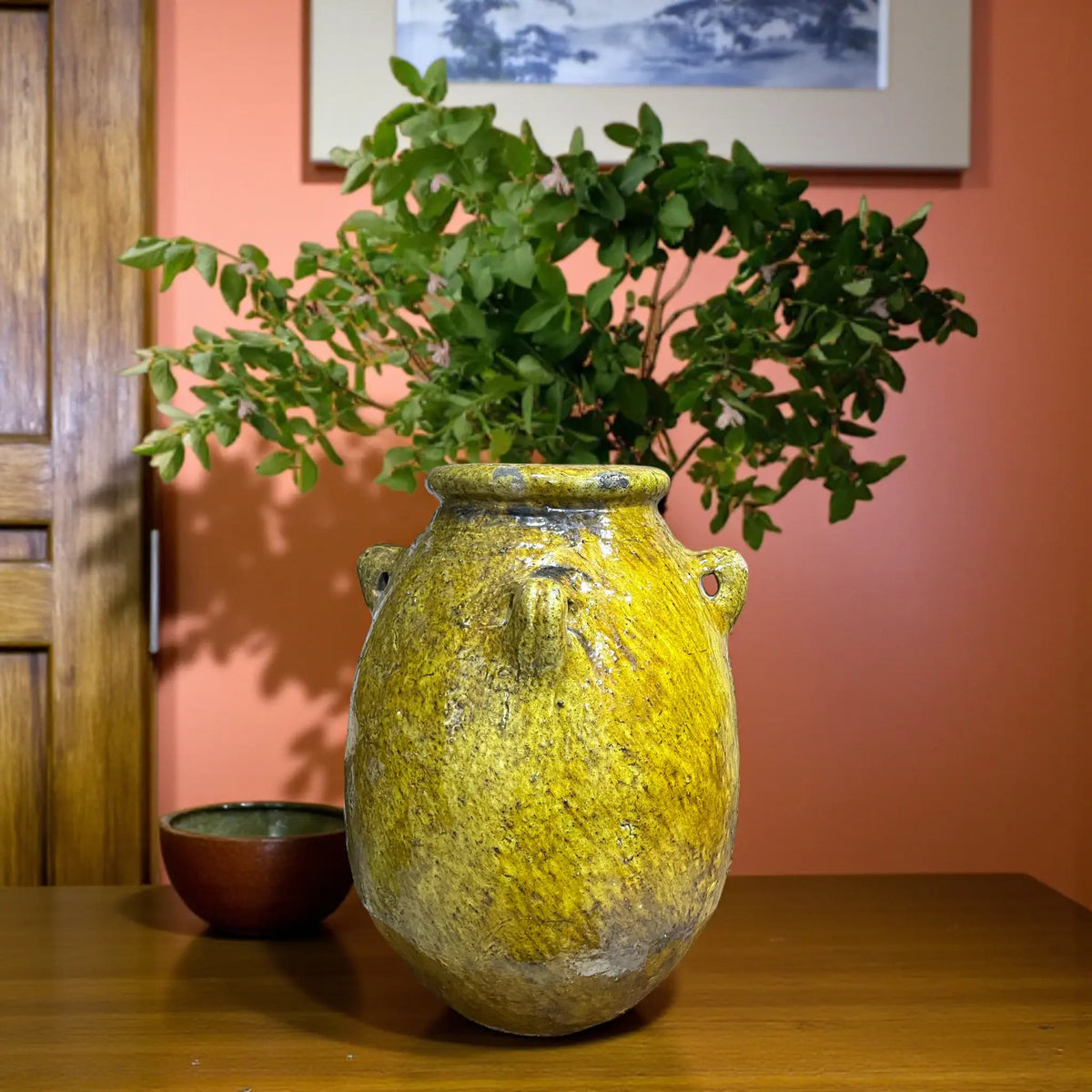 Handmade yellow Tamegroute vase with side handles and rustic glaze, Moroccan pottery