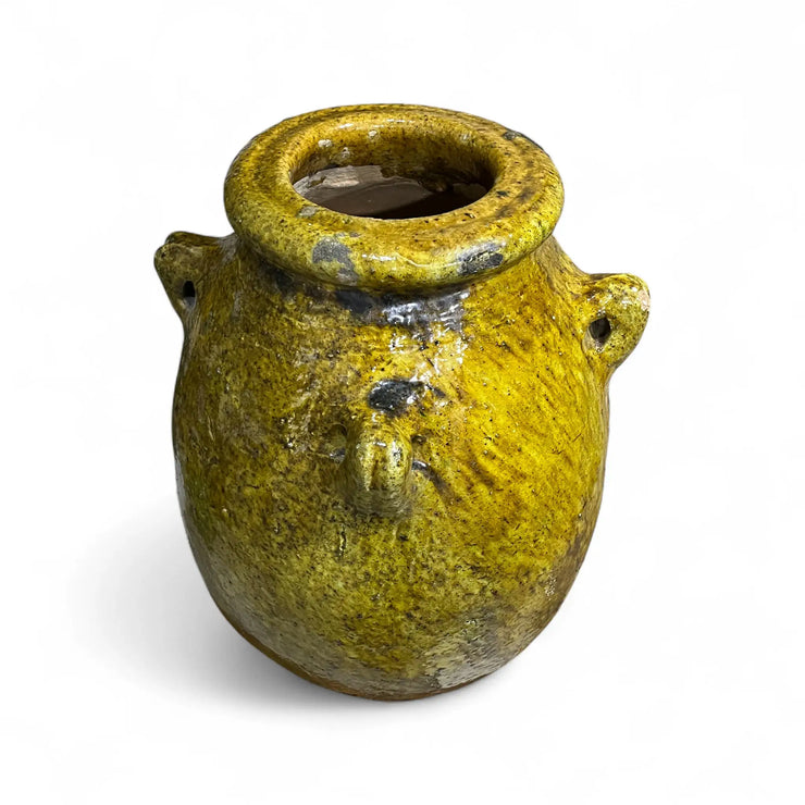 Handmade yellow Tamegroute vase with side handles and rustic glaze, Moroccan pottery