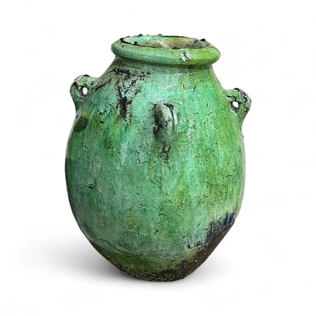 Handmade green Tamegroute vase with side handles and rustic glaze, Moroccan pottery