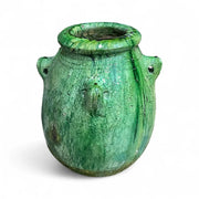 Handmade green Tamegroute vase with side handles and rustic glaze, Moroccan pottery