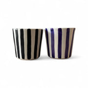 Two ceramic cups with black and purple stripes on a white background