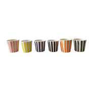 Set of six striped cups in different colors on a white background