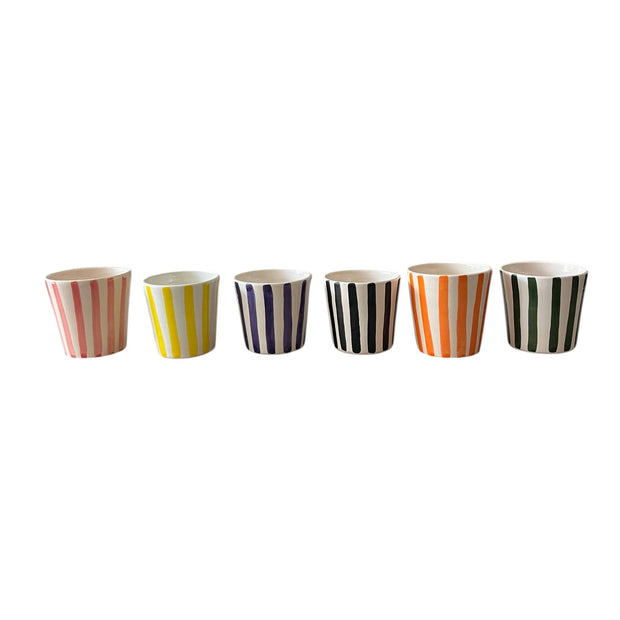 Set of six striped cups in different colors on a white background