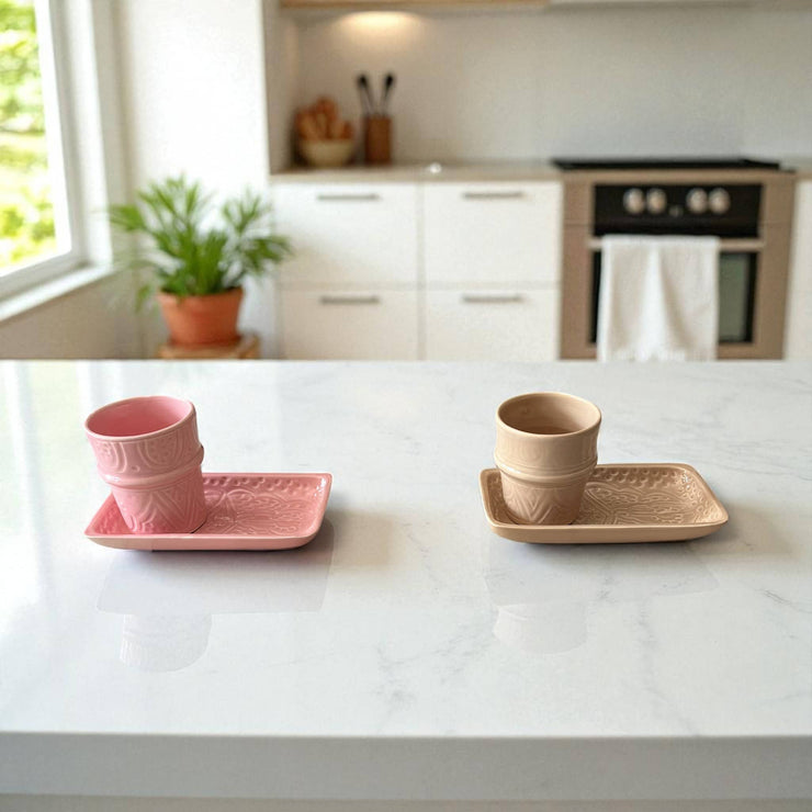 Discover Exquisite Artistry: Hand-Engraved Moroccan Cup & Tray Set (4 Cups + 4 Trays - Available in 2 Colors)