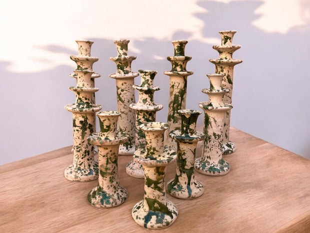Handmade Moroccan Tamegroute Splatter Green-Glazed Ceramic Candle Holder | Artisan Pottery Decor