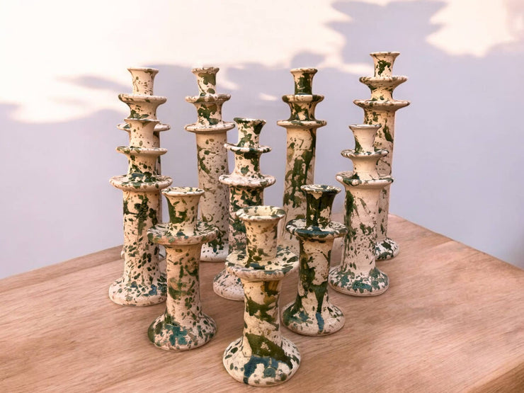 Handmade Moroccan Tamegroute Splatter Green-Glazed Ceramic Candle Holder | Artisan Pottery Decor