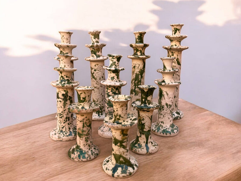 Handmade Moroccan Tamegroute Splatter Green-Glazed Ceramic Candle Holder | Artisan Pottery Decor