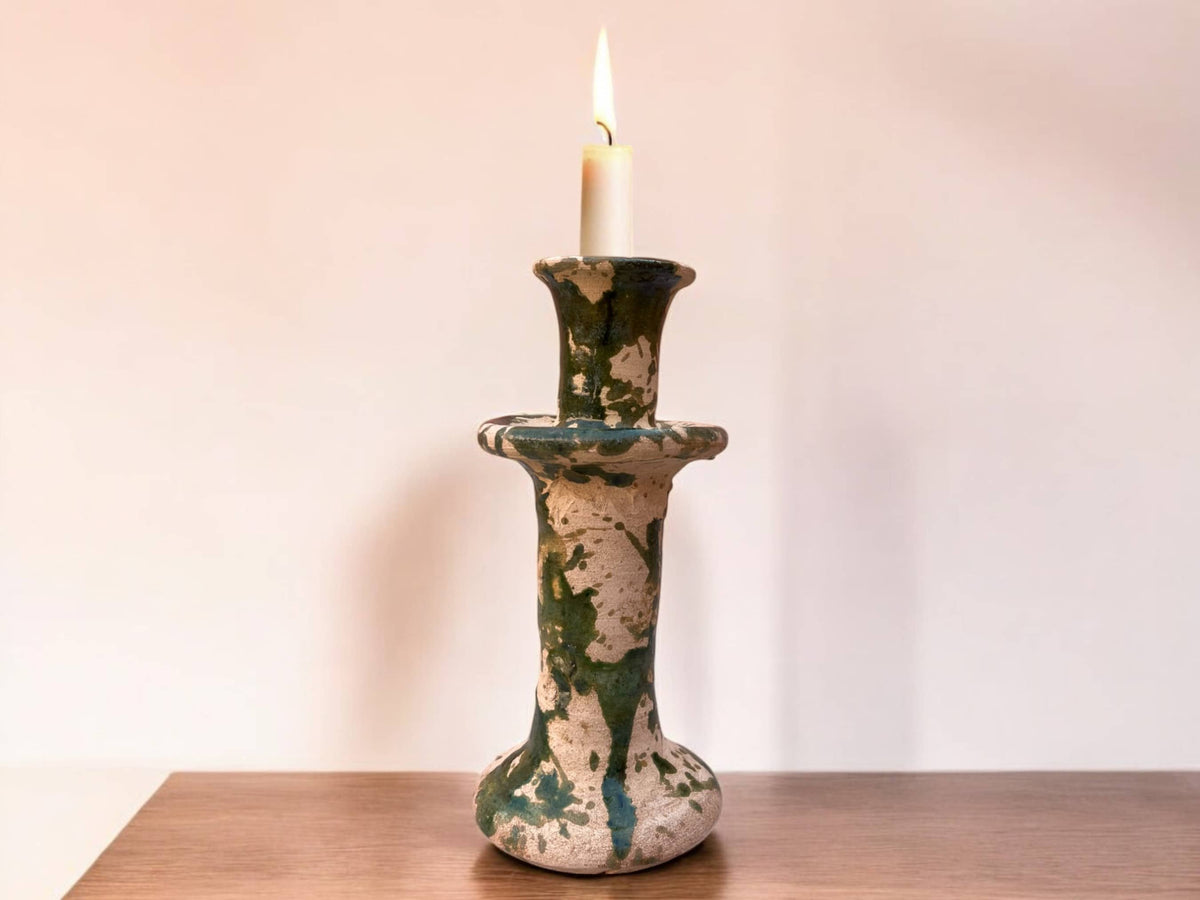 Handmade Moroccan Tamegroute Splatter Green-Glazed Ceramic Candle Holder | Artisan Pottery Decor