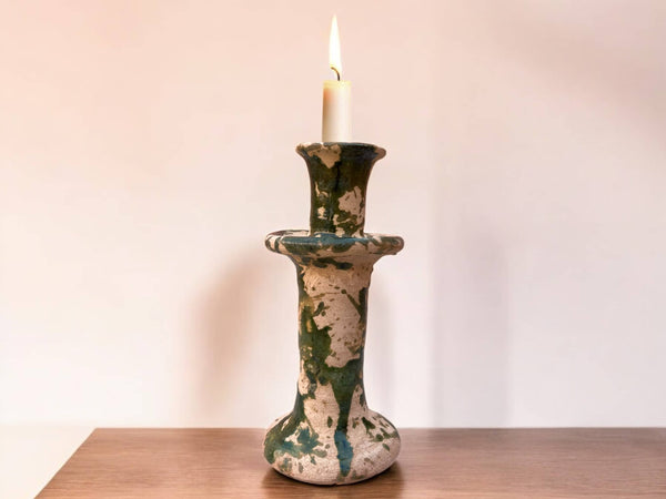 Handmade Moroccan Tamegroute Splatter Green-Glazed Ceramic Candle Holder | Artisan Pottery Decor