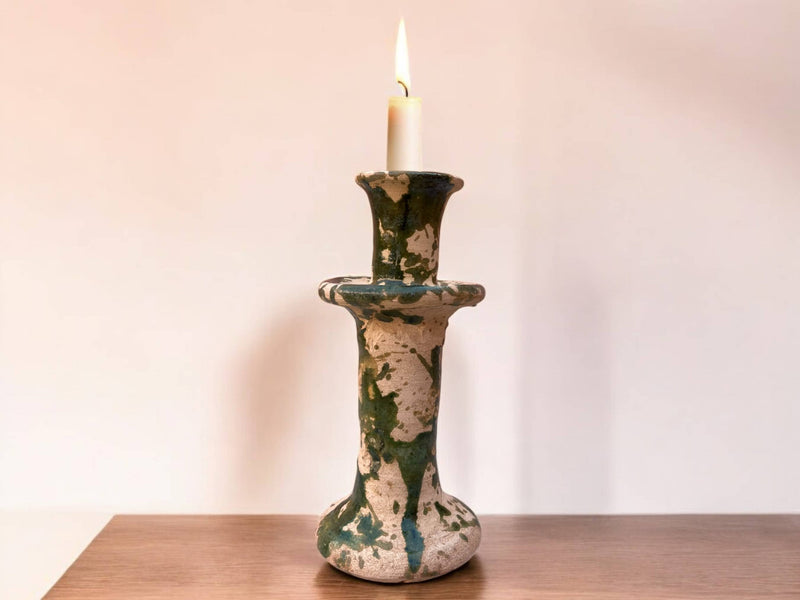 Handmade Moroccan Tamegroute Splatter Green-Glazed Ceramic Candle Holder | Artisan Pottery Decor