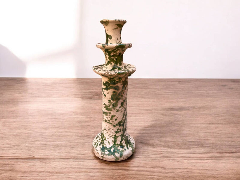 Handmade Moroccan Tamegroute Splatter Green-Glazed Ceramic Candle Holder | Artisan Pottery Decor