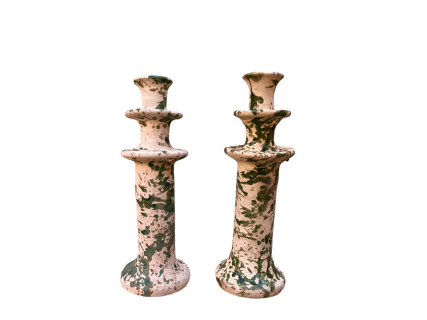 Handmade Moroccan Tamegroute Splatter Green-Glazed Ceramic Candle Holder | Artisan Pottery Decor