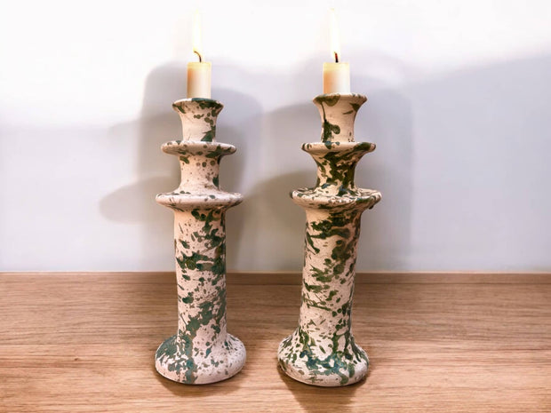 Handmade Moroccan Tamegroute Splatter Green-Glazed Ceramic Candle Holder | Artisan Pottery Decor