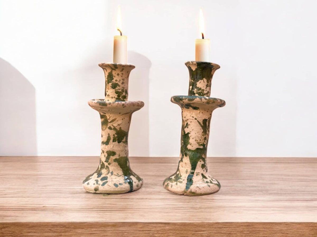 Handmade Moroccan Tamegroute Splatter Green-Glazed Ceramic Candle Holder | Artisan Pottery Decor