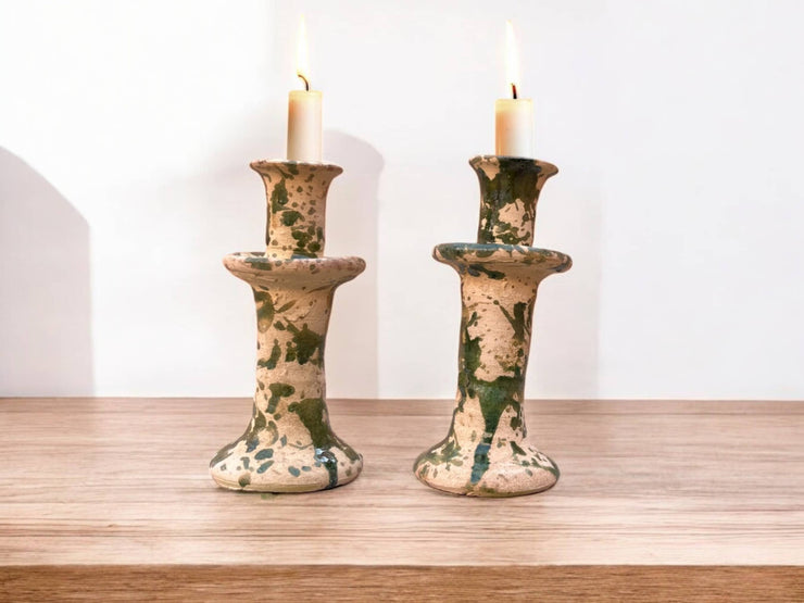 Handmade Moroccan Tamegroute Splatter Green-Glazed Ceramic Candle Holder | Artisan Pottery Decor