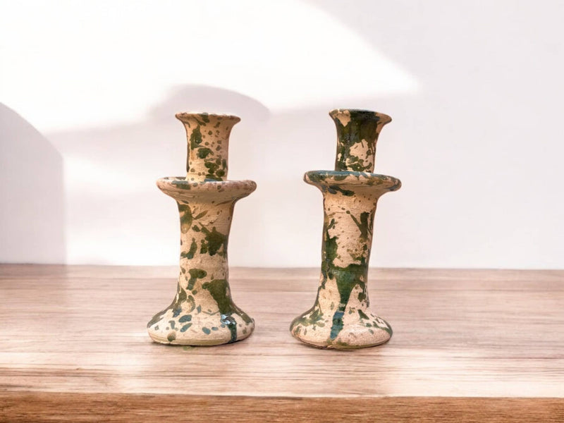 Handmade Moroccan Tamegroute Splatter Green-Glazed Ceramic Candle Holder | Artisan Pottery Decor