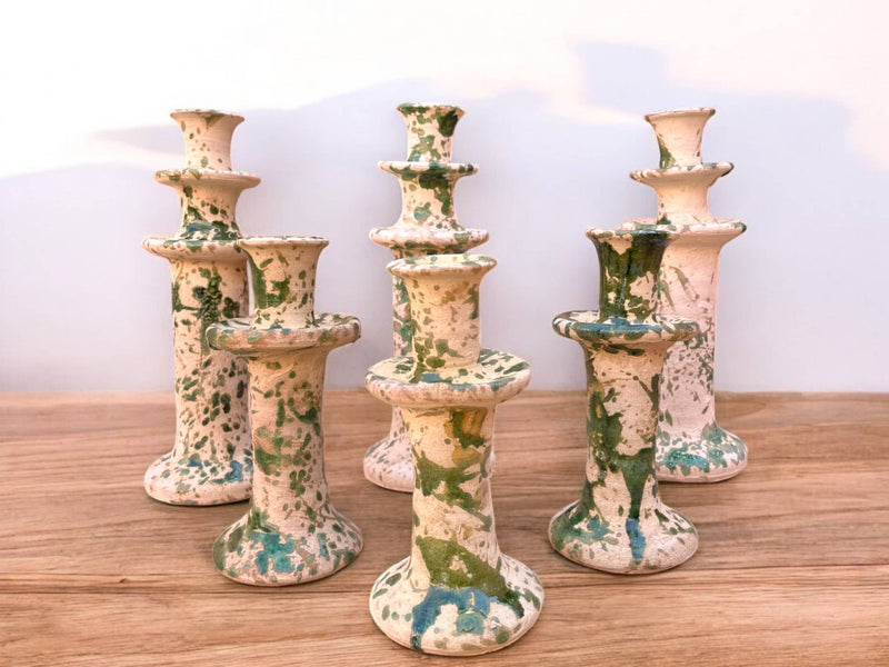 Handmade Moroccan Tamegroute Splatter Green-Glazed Ceramic Candle Holder | Artisan Pottery Decor