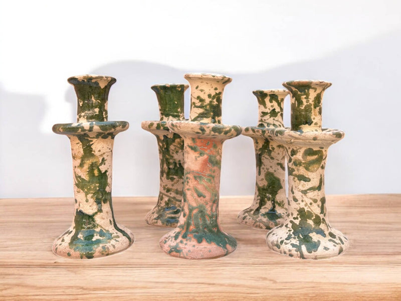 Handmade Moroccan Tamegroute Splatter Green-Glazed Ceramic Candle Holder | Artisan Pottery Decor