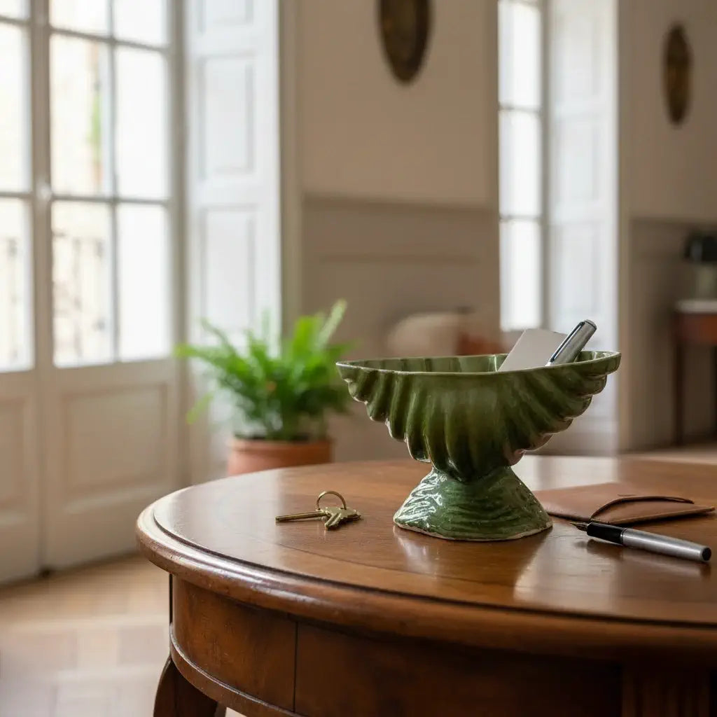 green ceramic fruit bowl pedestal decorative centerpiece