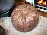 Unleash the Essence of Morocco with Our Naturally Tanned Round Leather Ottoman Pouf - handmade by Moroccantastics - leather work, round pouf
