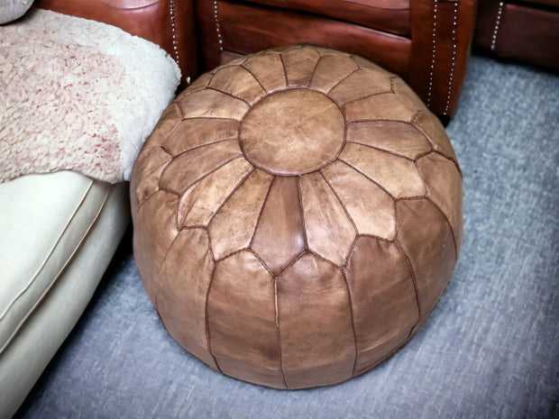Unleash the Essence of Morocco with Our Naturally Tanned Round Leather Ottoman Pouf - handmade by Moroccantastics - leather work, round pouf