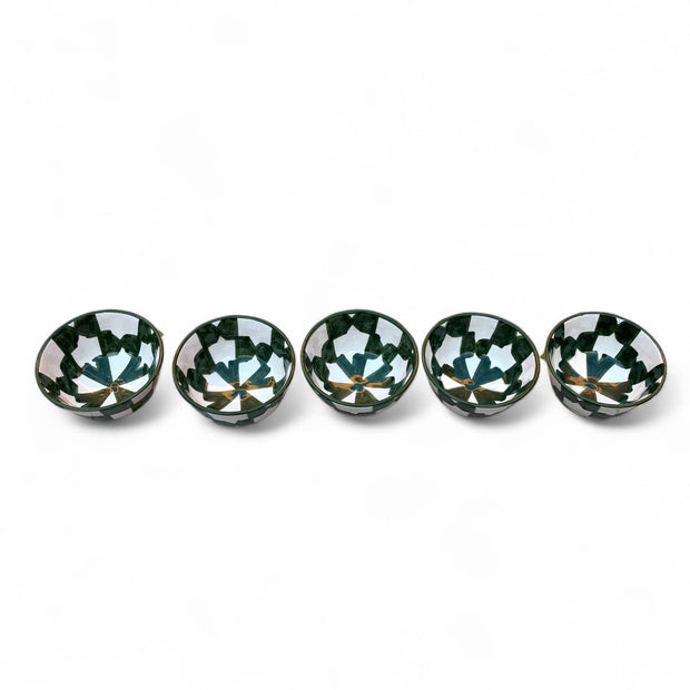  Handpainted Green & White Fes Moroccan Bowls (Set of 5 - 10 cm Diameter)