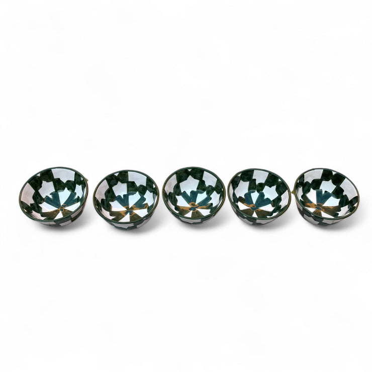  Handpainted Green & White Fes Moroccan Bowls (Set of 5 - 10 cm Diameter)