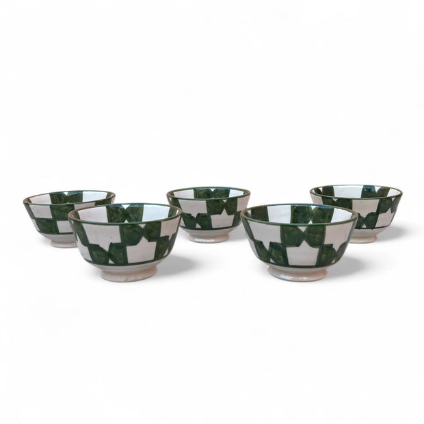  Handpainted Green & White Fes Moroccan Bowls (Set of 5 - 10 cm Diameter)