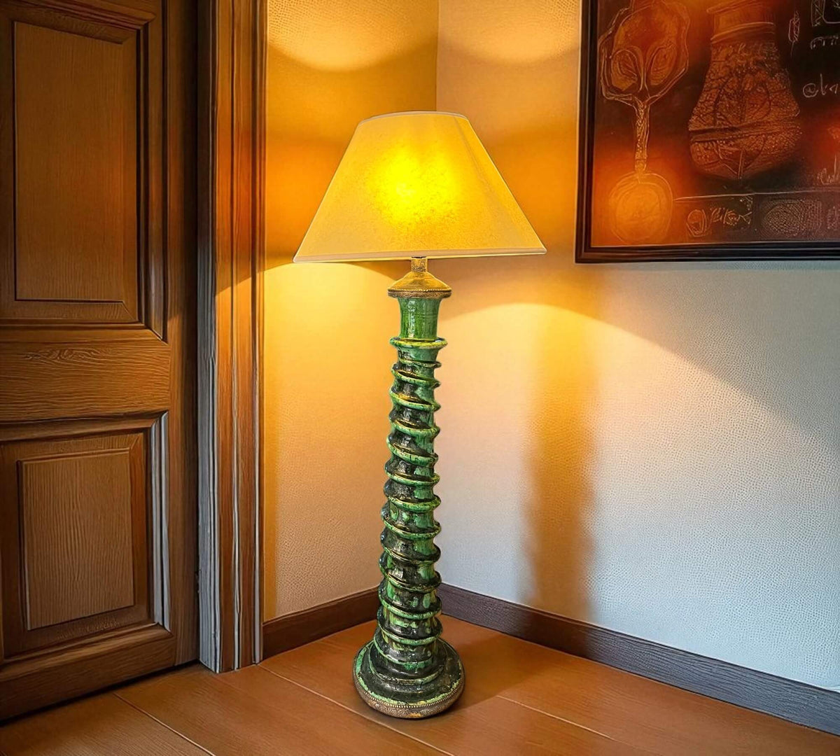 Tamegroute Floor Lamp – Sculptural Green Ceramic & Brass – Handmade in Morocco – 85 cm
