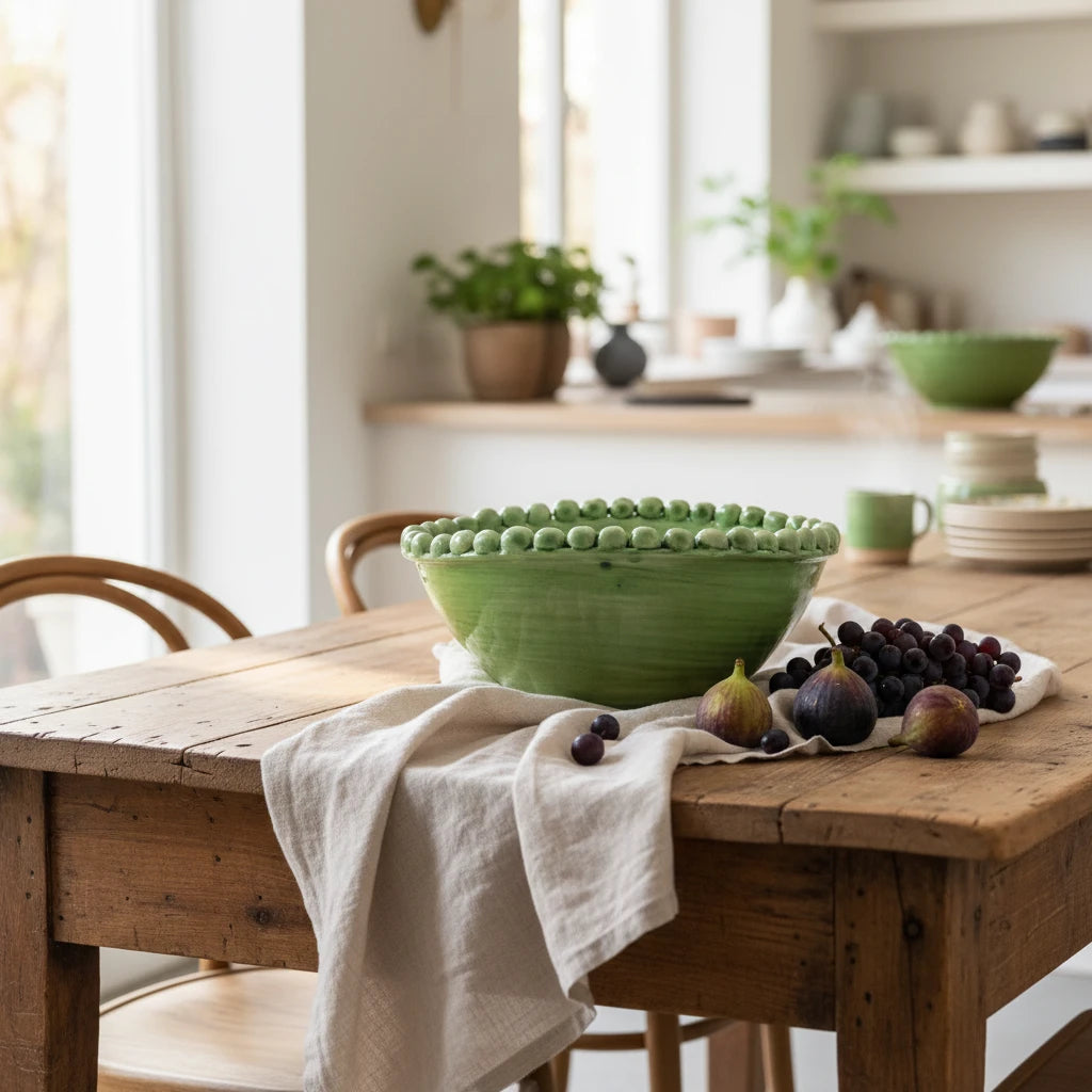 Handmade green ceramic serving bowl with beaded rim and artisan glaze