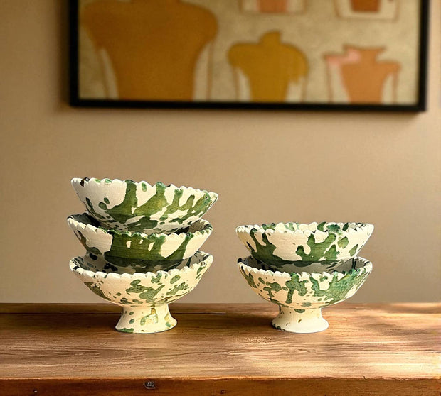 Green Splatter Moroccan Footed Bowls – Handcrafted Tamegroute Pottery for Serving or Planting (6"–12")