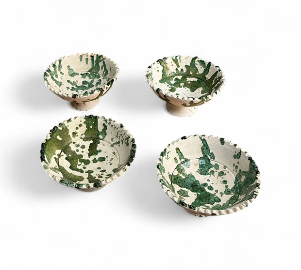Green Splatter Moroccan Footed Bowls – Handcrafted Tamegroute Pottery for Serving or Planting (6"–12")