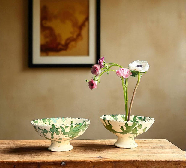 Green Splatter Moroccan Footed Bowls – Handcrafted Tamegroute Pottery for Serving or Planting (6"–12")